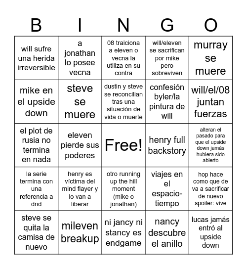 STRANGER THINGS FINALE Bingo Card