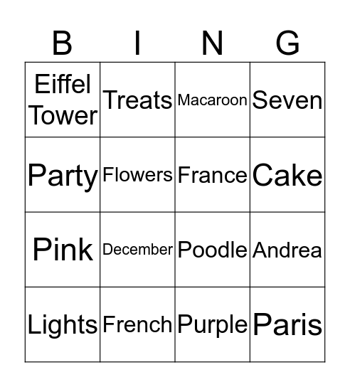 Andrea's 7th Birthday Bingo Card