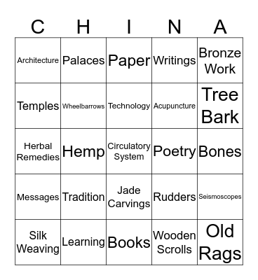 Riley and Julia's Ancient China Bingo Game Bingo Card
