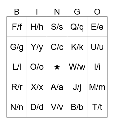 uppercase and lowercase letters Bingo Card