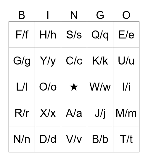 uppercase and lowercase letters Bingo Card