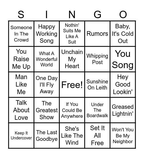 Actors and Actress That Can Sing Bingo Card