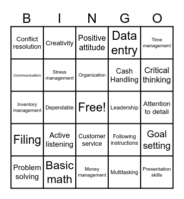 Job skills Bingo Card