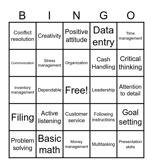 Job skills Bingo Card