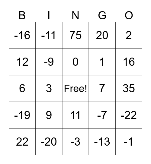 Integer Bingo Card