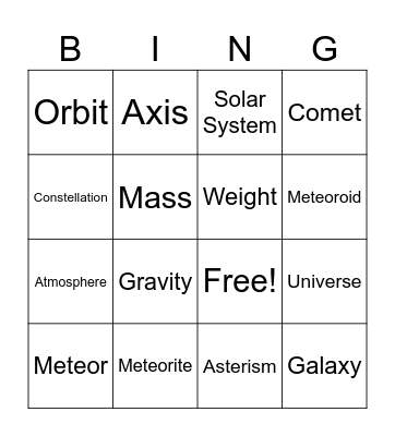 Astronomy Bingo Card