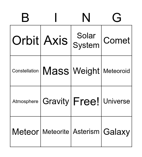 Astronomy Bingo Card