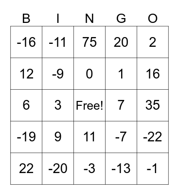 Integer Bingo Card