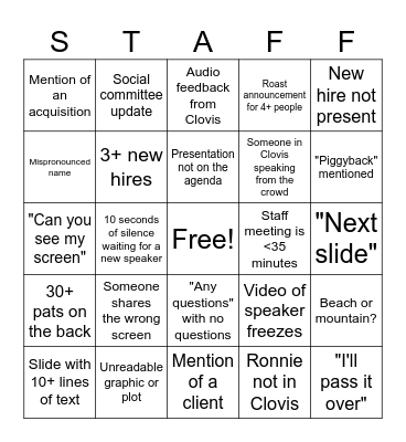 Staff Meeting Bingo Card