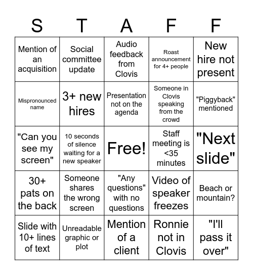 Staff Meeting Bingo Card
