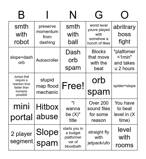 Geometry Dash Platformer Demon bingo Card