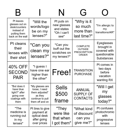 OPTICIAN Bingo Card