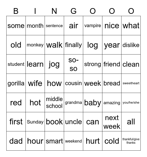 Final Exam Bingo Card