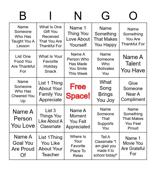 Gratitude Bingo Card