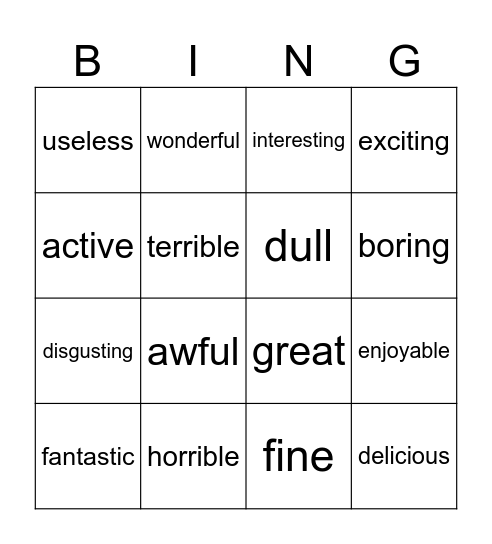 Adjectives Bingo Card