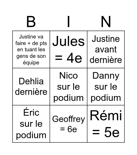 Lasergame Bingo Card