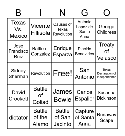 Texas Revolution Bingo Card