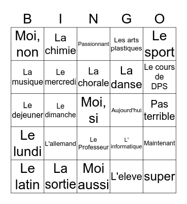 Vive L'ecole! Bingo Card