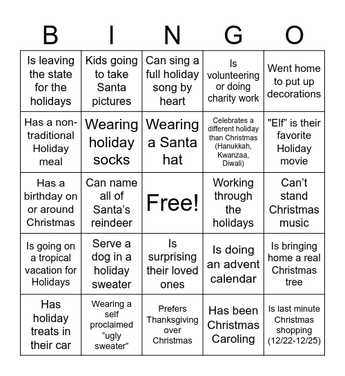 DB Erie Customer Holiday Bingo Card
