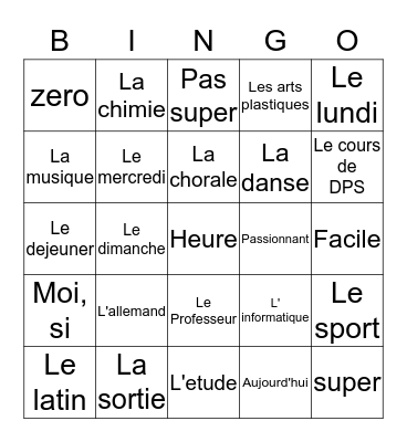 Vive L'ecole! Bingo Card
