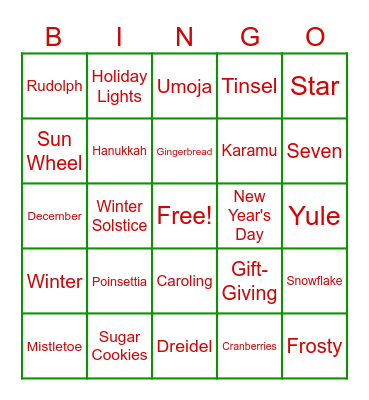 General Holiday Bingo Card