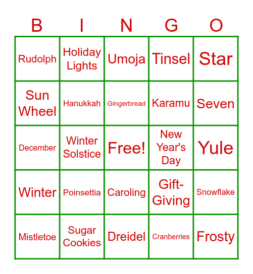 General Holiday Bingo Card