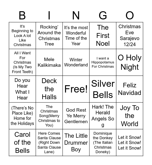 Christmas Songs Bingo Card