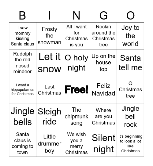 Christmas Song Bingo Card
