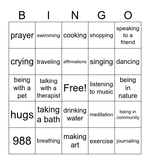 Mental Health Bingo Card
