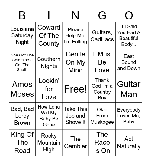 Rhinestone Cowboy Bingo Card