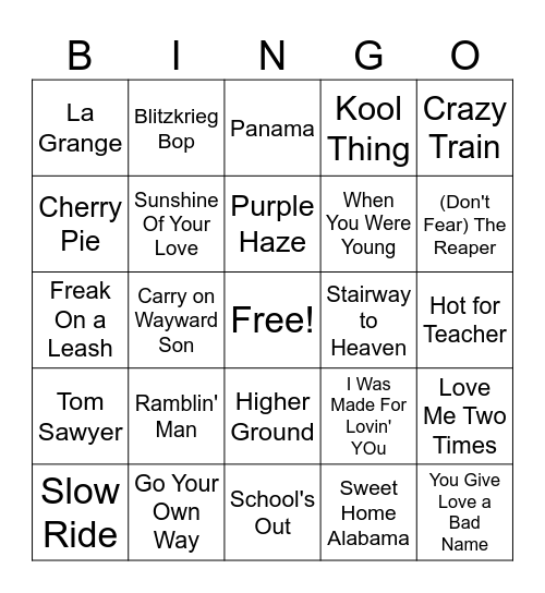 Guitar Hero Bingo Card