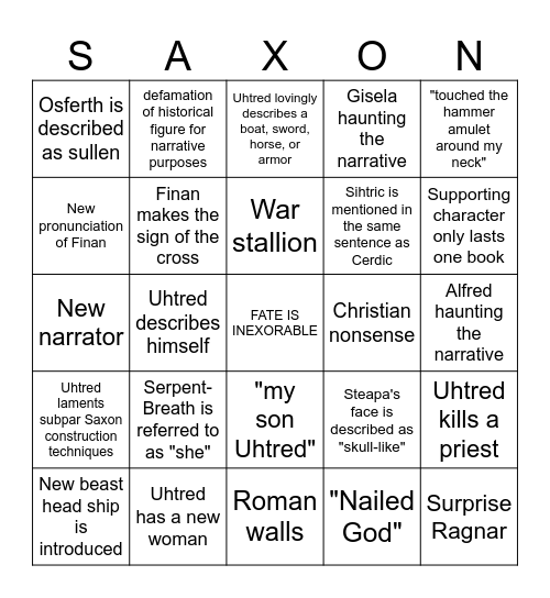 Saxon Stories Bingo (audiobook edition) Bingo Card