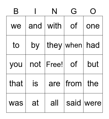 Heart Word Bingo Card