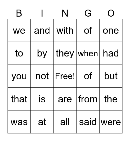 Heart Word Bingo Card