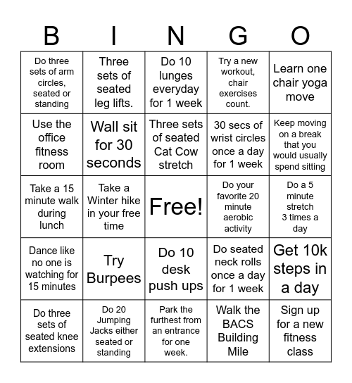 Fitness Bingo Card