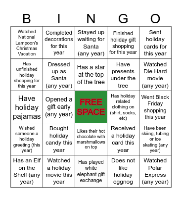 Holiday Team Bingo Card