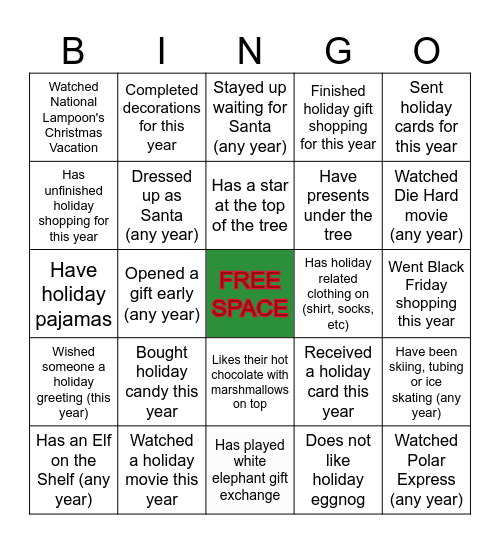 Holiday Team Bingo Card