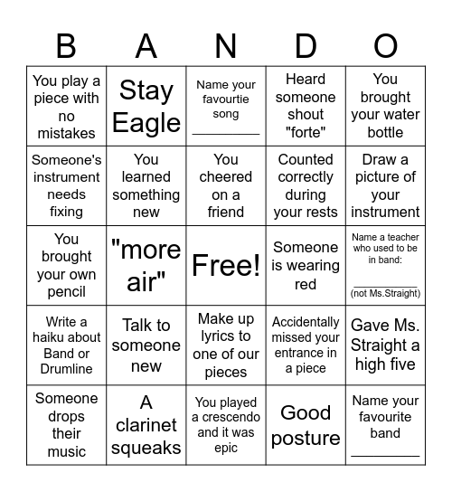 Band Retreat Bingo Card