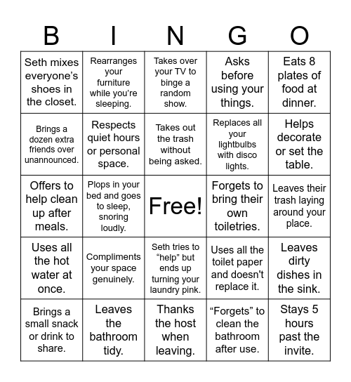 Houseguest Bingo Card