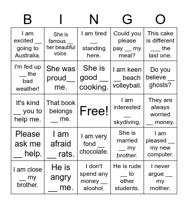 Dependent prepositions Bingo Card