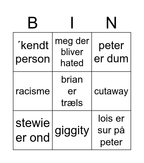 Famiy guy Bingo Card