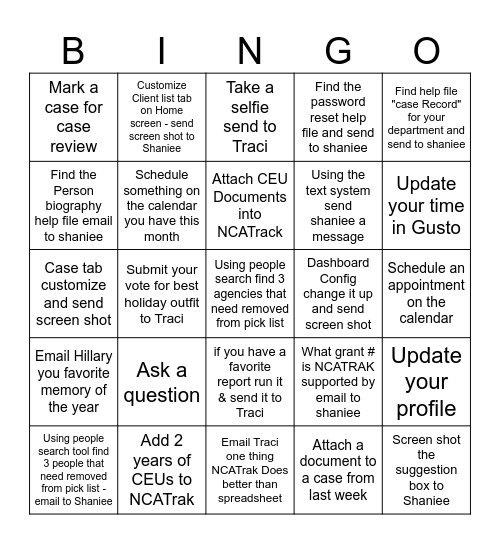 NCATRAK Training Bingo Card