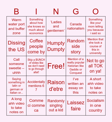 History Teacher Bingo Card