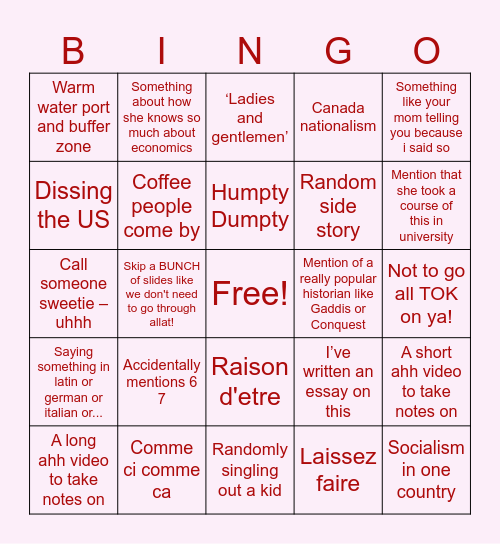 History Teacher Bingo Card