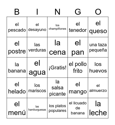 Comida/Restaurante Bingo Card