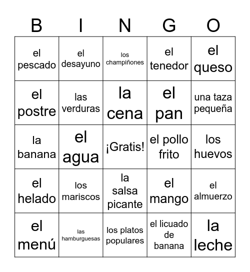 Comida/Restaurante Bingo Card