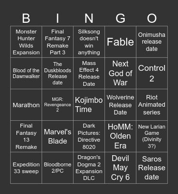 The Game Awards 2025 Bingo Card
