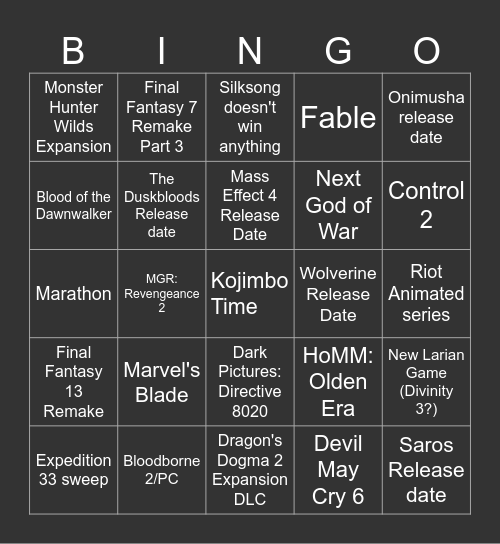 The Game Awards 2025 Bingo Card
