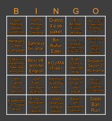 THE GAME AWARDS TAHMİNLER Bingo Card