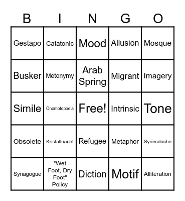 Refugee Vocabulary Bingo Card